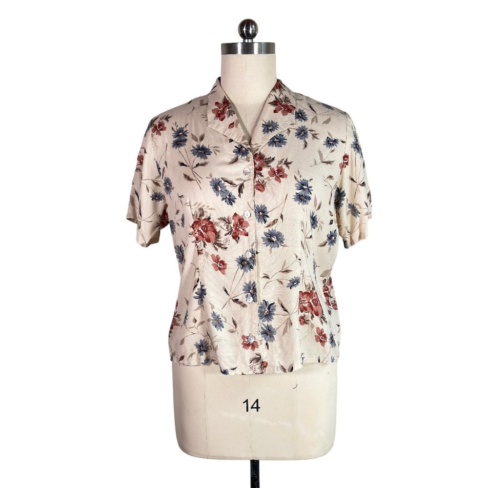 vintage 90s beige floral rayon blouse 14/16 shirt top nature flower cottagecore